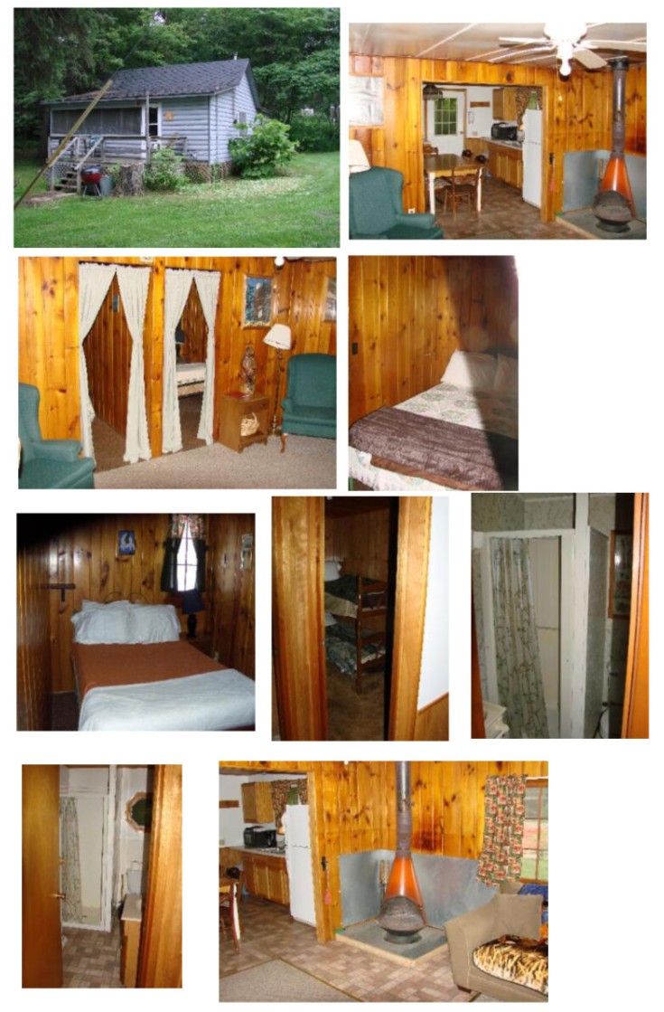 Cabin 3 photo collage showing exterior, kitchen, bedrooms, and bathroom
