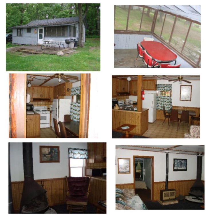 Cabin 4 photo collage showing exterior, kitchen, bedrooms, and bathroom