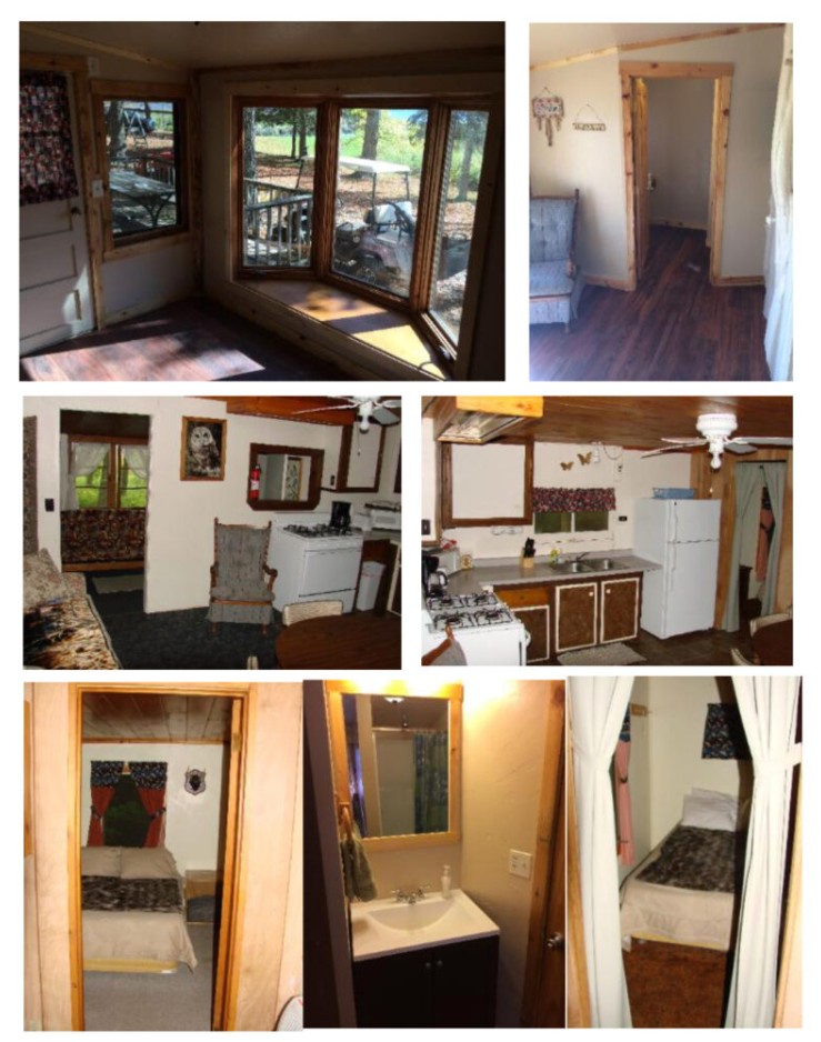 Cabin 5 photo collage showing exterior, kitchen, bedrooms, and bathroom