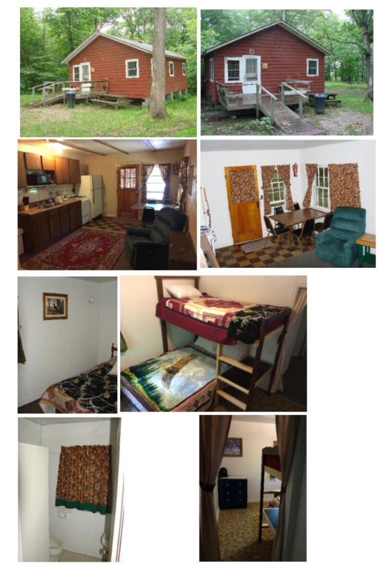 Cabin 8 photo collage showing exterior, kitchen, bedrooms, and bathroom