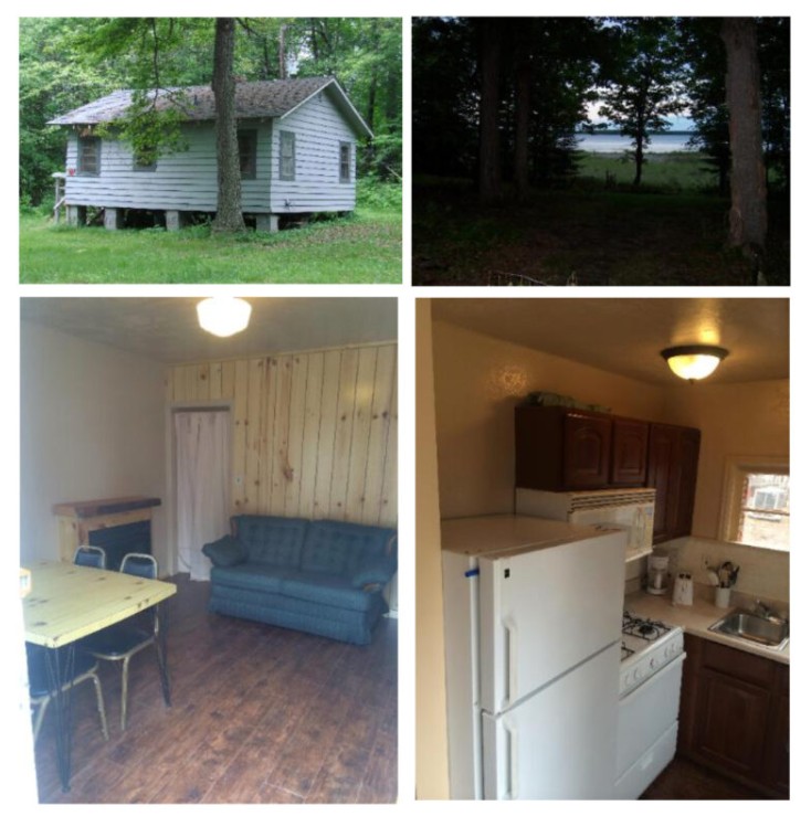 Cabin 9 photo collage showing exterior, kitchen, bedrooms, and bathroom